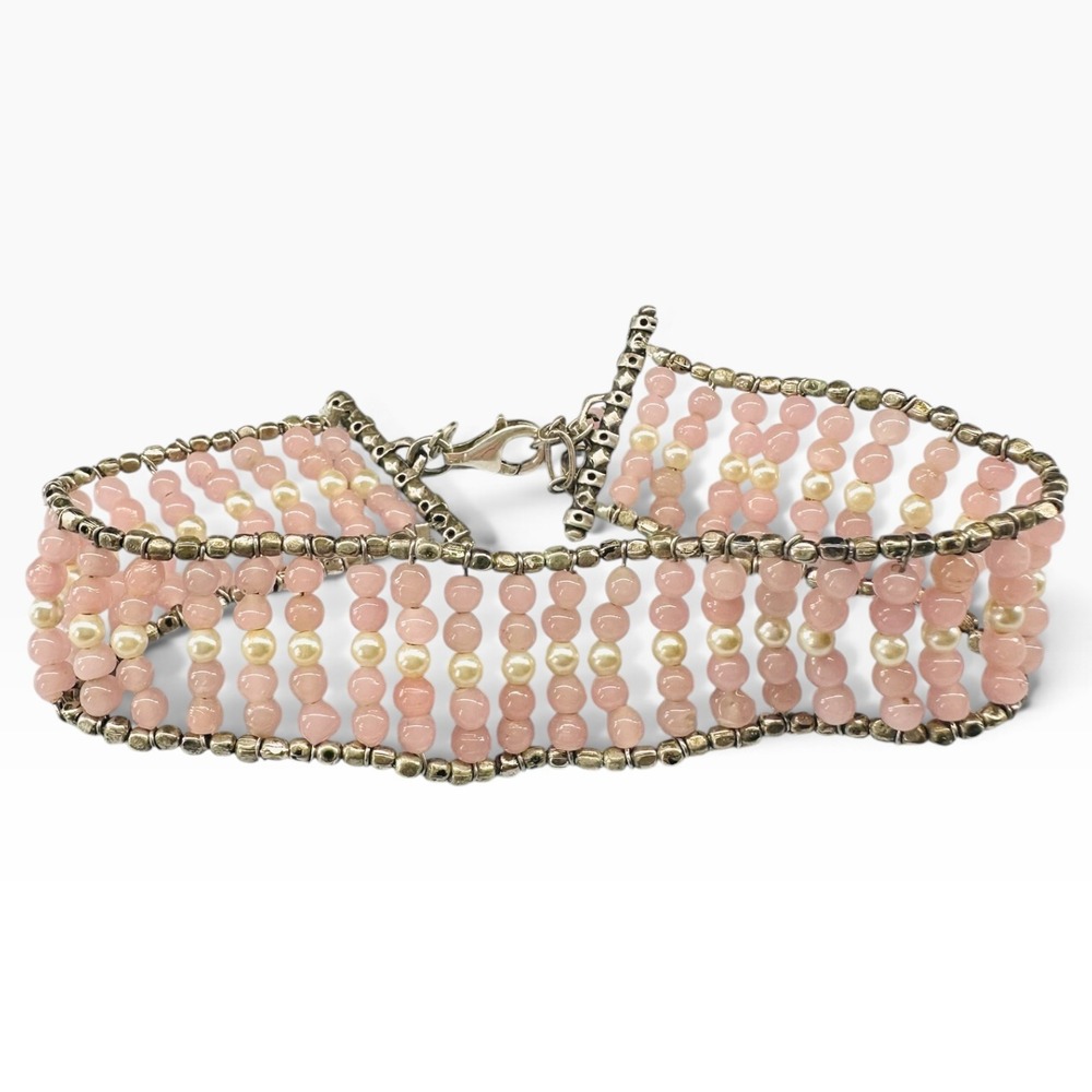 Vintage Art's Elegance Sterling Silver Rose Quartz Pearl Multi Strand Bracelet